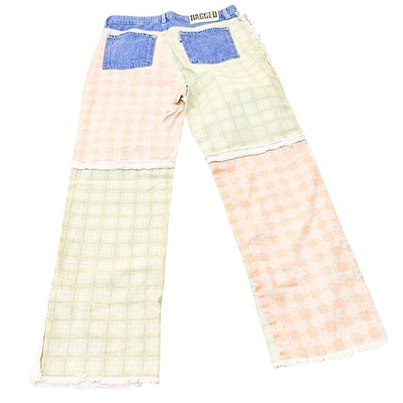 The Ragged Priest Jeans Patchwork Checkered Jeans Lime Green Salmon Blue Size 34 - Picture 3 of 9